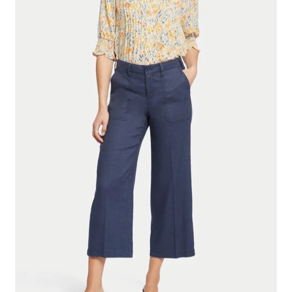 NYDJ Wide Leg Cropped Linen Blend Pants Womens 2 Blue Stretch Coastal Nautical